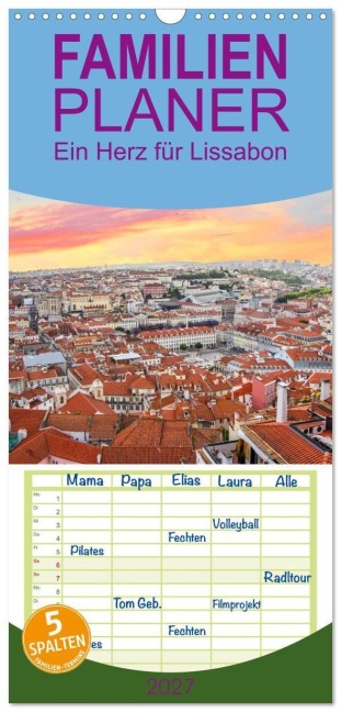 Familienplaner 2027 - Ein Herz für Lissabon mit 5 Spalten (Wandkalender, 21 x 45 cm) CALVENDO - Christa Kramer