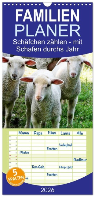 Familienplaner 2026 - Schäfchen zählen - mit Schafen durchs Jahr mit 5 Spalten (Wandkalender, 21 x 45 cm) CALVENDO - Sabine Löwer