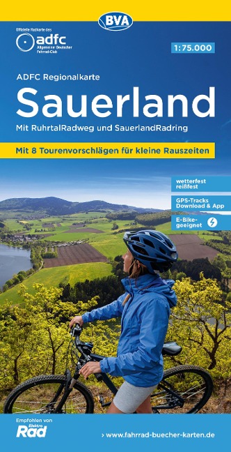 ADFC-Regionalkarte Sauerland mit Tagestouren-Vorschlägen, 1:75.000, reiß- und wetterfest, GPS-Tracks Download - 