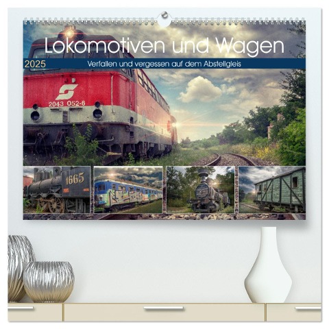 Lokomotiven und Wagen - Verfallen und vergessen auf dem Abstellgleis (hochwertiger Premium Wandkalender 2025 DIN A2 quer), Kunstdruck in Hochglanz - Monika Felber