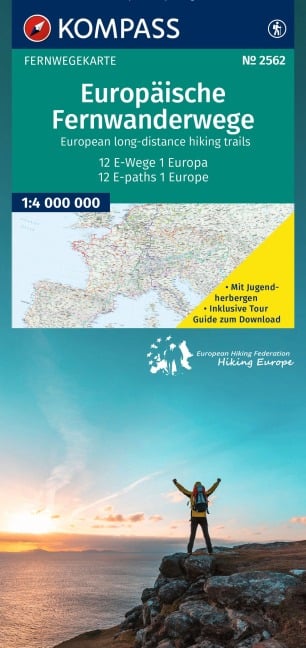 KOMPASS Fernwegekarte Europäische Fernwanderwege, 12 E-Wege - 1 Kontinent 1:4 Mio. - 