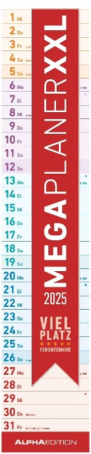 Megaplaner XXL 2025 - Streifen-Kalender 17,5x98 cm - mit Ferienterminen - viel Platz für Notizen - Wandplaner - Küchenkalender - Alpha Edition - 