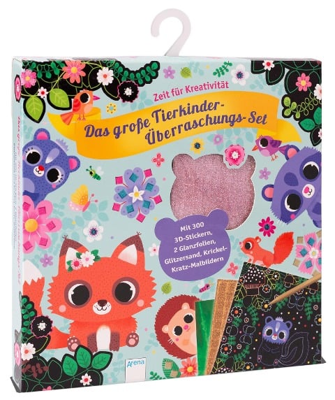 Das große Tierkinder-Überraschungs-Set. Mit 300 3D-Stickern, 2 Glanzfolien, Glitzersand und Krickel-Kratz-Malbildern - 