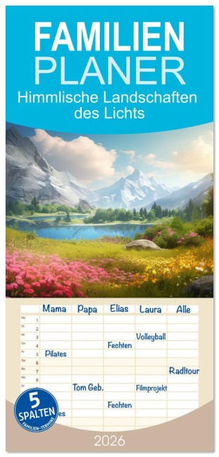 Familienplaner 2026 - Himmlische Landschaften des Lichts mit 5 Spalten (Wandkalender, 21 x 45 cm) CALVENDO - Kavodedition Switzerland Marena Camadini
