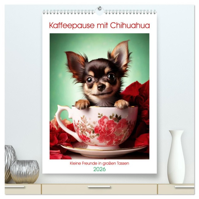 Kaffeepause mit Chihuahua - Kleine Freunde in großen Tassen (hochwertiger Premium Wandkalender 2026 DIN A2 hoch), Kunstdruck in Hochglanz - Fotodesign Verena Scholze