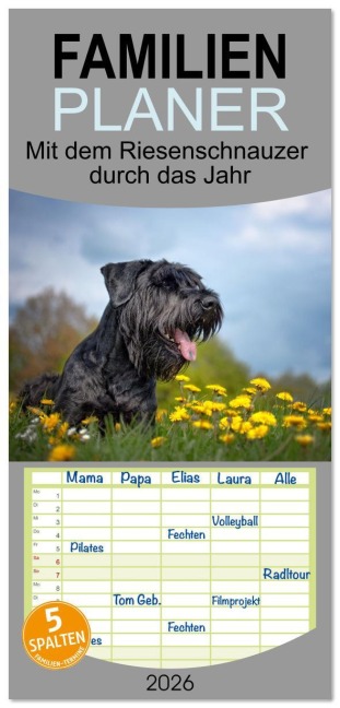 Familienplaner 2026 - Mit dem Riesenschnauzer durch das Jahr mit 5 Spalten (Wandkalender, 21 x 45 cm) CALVENDO - Martina Wrede - Wredefotografie