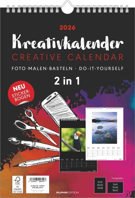 Kreativ-Kalender A4 - 2 in 1: schwarz und weiss 2026 - 21 x 29,7 - Foto, Malen, Basteln - datiert - Kreativkalender - Foto-Kalender - Alpha Edition - 