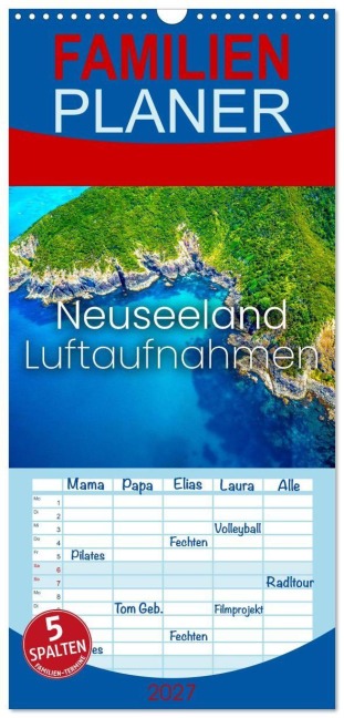 Familienplaner 2027 - Neuseeland Luftaufnahmen mit 5 Spalten (Wandkalender, 21 x 45 cm) CALVENDO - Sf