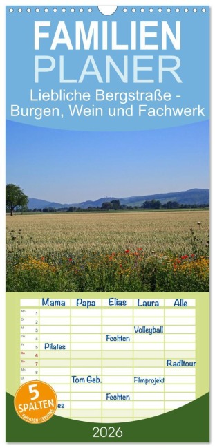 Familienplaner 2026 - Liebliche Bergstraße - Burgen, Wein und Fachwerk mit 5 Spalten (Wandkalender, 21 x 45 cm) CALVENDO - Ilona Andersen