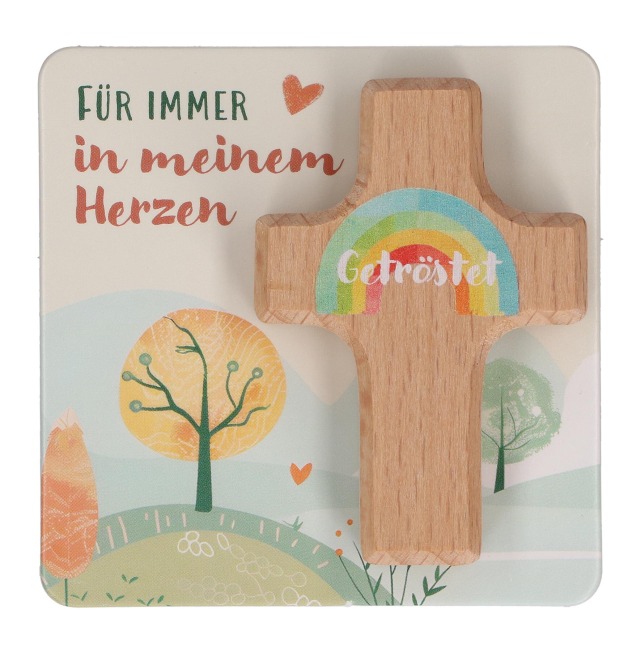 Butzon & Bercker Handschmeichlerkreuz 6 x 4 cm - farbig bedrucktes Kinderkreuz aus Buchenholz, Lieferung auf Backcard, folienfrei verpackt - 