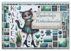 Cover-Bild zum Titel 'Katzen. Zauberhafte Weltenbummler. Mit Herz und Neugier durch das Jahr. (Tischkalender 2026 DIN A5 quer), CALVENDO Monatskalender' von 'Irene Saar'