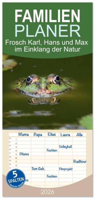 Familienplaner 2026 - Frosch Karl, Hans und Max im Einklang der Natur mit 5 Spalten (Wandkalender, 21 x 45 cm) CALVENDO - Rufotos Rufotos