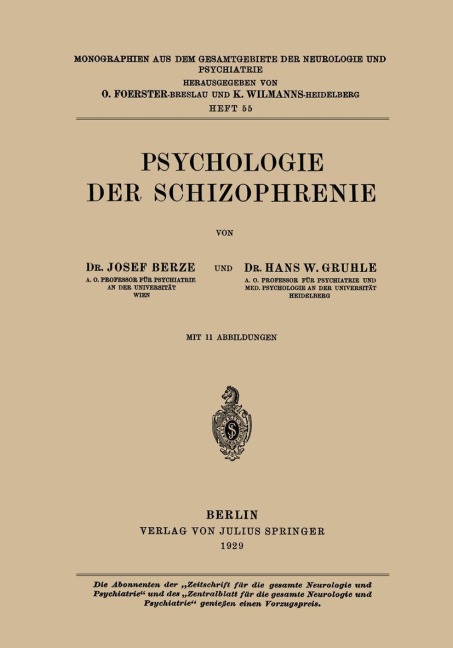 Psychologie der Schizophrenie - Hans W. Gruhle, Hans W. Berze