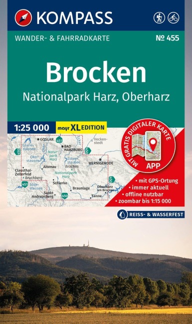 KOMPASS Wanderkarte 455 Brocken, Nationalpark Harz, Oberharz 1:25.000 - 