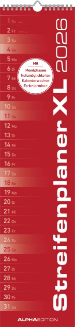 Streifenplaner XL ROT 2026 - Streifenkalender 15x64 cm - Wandplaner - Küchenkalender - schmales Design - eine Spalte - Langplaner - 