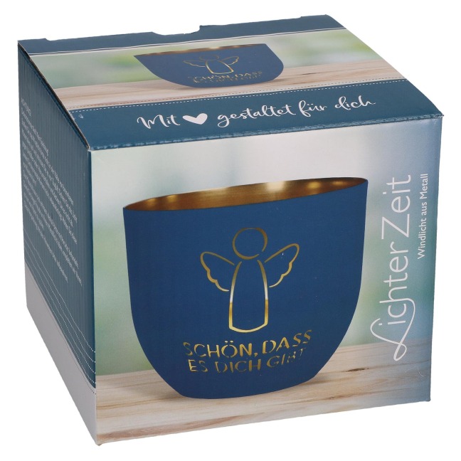 Butzon & Bercker Metallwindlicht Ø 11 cm - blau-mattes Windlicht aus Metall mit durchbrochenem Motiv, goldveredelt innen, Lieferung in Geschenkverpackung - 