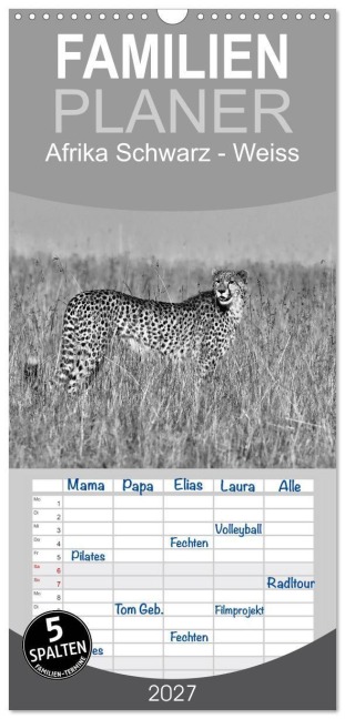 Familienplaner 2027 - Afrika Schwarz - Weiss mit 5 Spalten (Wandkalender, 21 x 45 cm) CALVENDO - Angelika Stern