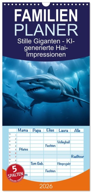 Familienplaner 2026 - Stille Giganten - KI-generierte Hai-Impressionen mit 5 Spalten (Wandkalender, 21 x 45 cm) CALVENDO - Artefacti Artefacti