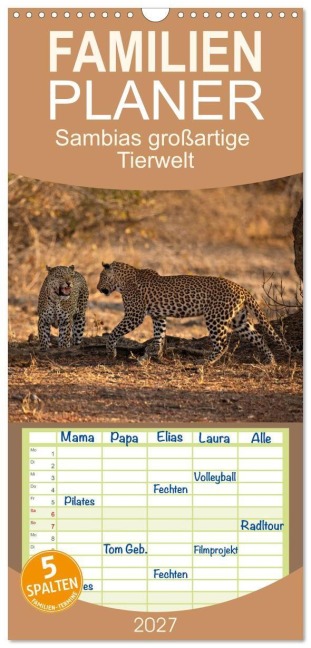 Familienplaner 2027 - Sambias großartige Tierwelt mit 5 Spalten (Wandkalender, 21 x 45 cm) CALVENDO - Michael Voß