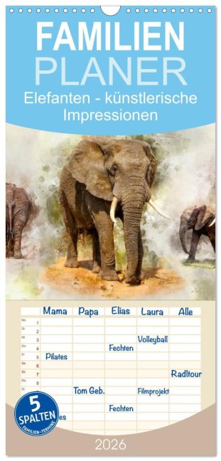 Familienplaner 2026 - Elefanten - künstlerische Impressionen der größten noch lebenden Landtiere mit 5 Spalten (Wandkalender, 21 x 45 cm) CALVENDO - Peter Roder