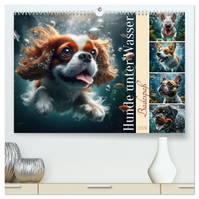 Badespaß - Hunde unter Wasser (hochwertiger Premium Wandkalender 2026 DIN A2 quer), Kunstdruck in Hochglanz - Fotodesign Verena Scholze