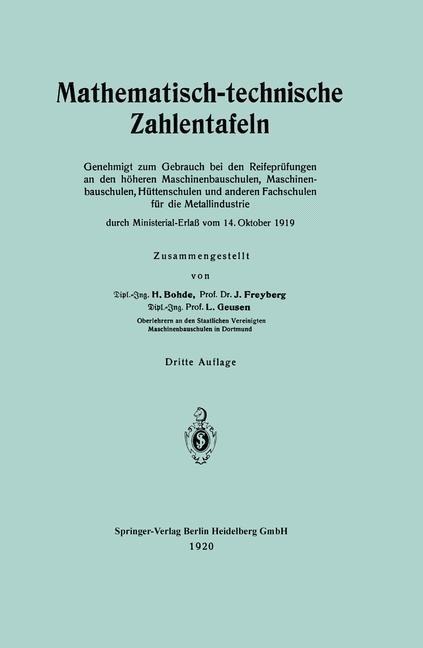 Mathematisch-technische Zahlentafeln - Heinrich Bohde, Joh Freyberg, Leonhard Geusen