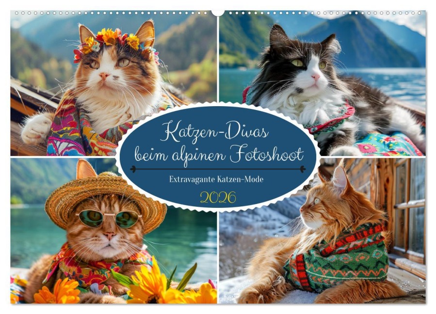 Katzen-Divas beim alpinen Fotoshoot. Extravagante Katzenmode (Wandkalender 2026 DIN A2 quer), CALVENDO Monatskalender - Rose Hurley