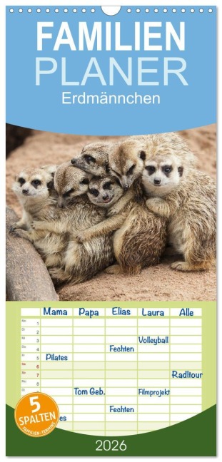 Familienplaner 2026 - Erdmännchen mit 5 Spalten (Wandkalender, 21 x 45 cm) CALVENDO - Elisabeth Stanzer
