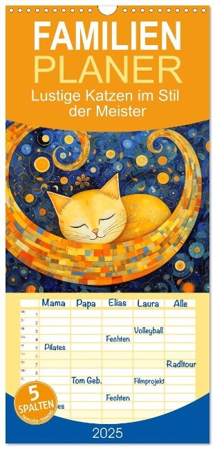 Familienplaner 2025 - Lustige Katzen im Stil der Meister mit 5 Spalten (Wandkalender, 21 x 45 cm) CALVENDO - Kerstin Waurick