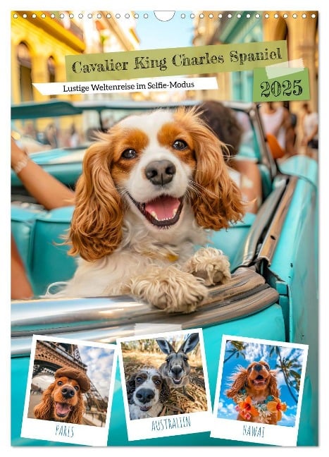 Cavalier King Charles Spaniel - Lustige Weltenreise im Selfie-Modus (Wandkalender 2025 DIN A3 hoch), CALVENDO Monatskalender - Anja Frost