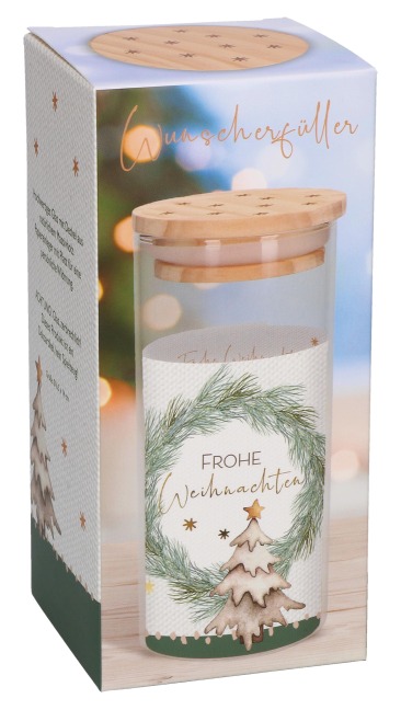 Butzon & Bercker Geldgeschenk Wunscherfüller zu Weihnachten 14 cm - Glasbehälter mit Massivholzdeckel, veredeltem Einleger für persönliche Widmung, Lieferung in Geschenkverpackung - 