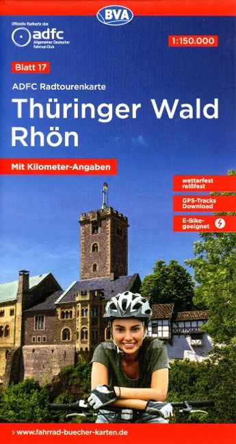 ADFC-Radtourenkarte 17 Thüringer Wald Rhön 1:150.000, reiß- und wetterfest, E-Bike geeignet, GPS-Tracks Download, mit Bett+Bike Symbolen, mit Kilometer-Angaben - 