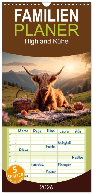 Familienplaner 2026 - Highland Kühe mit 5 Spalten (Wandkalender, 21 x 45 cm) CALVENDO - Heidi Spiegler