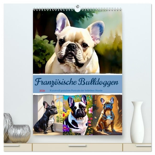 Französische Bulldoggen. Kunstvoll gestaltete Portraits (hochwertiger Premium Wandkalender 2026 DIN A2 hoch), Kunstdruck in Hochglanz - Steffani Lehmann