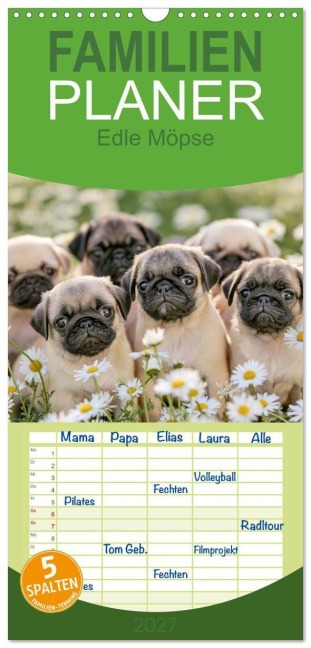 Familienplaner 2027 - Edle Möpse mit 5 Spalten (Wandkalender, 21 x 45 cm) CALVENDO - Steffen Gierok-Latniak