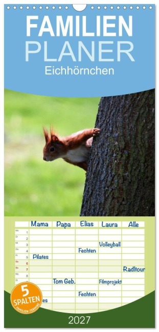 Familienplaner 2027 - Eichhörnchen mit 5 Spalten (Wandkalender, 21 x 45 cm) CALVENDO - Schnellewelten