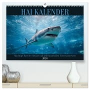 Cover-Bild zum Titel 'Hai Kalender - Mächtige Haie der Ozeane und geheimnisvollen Unterwasserwelt (hochwertiger Premium Wandkalender 2026 DIN A2 quer), Kunstdruck in Hochglanz' von 'Mb Fotografie'