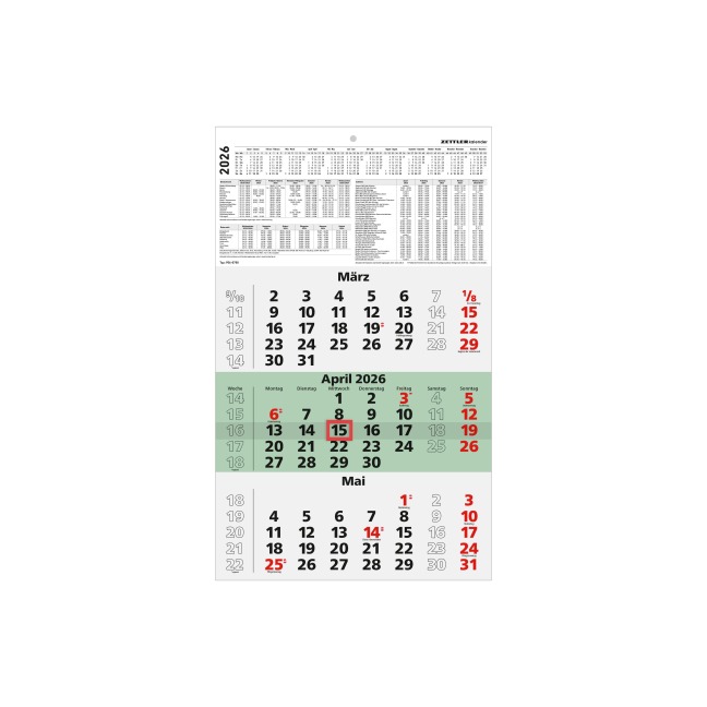 3-Monatskalender Recycling 2026 - 29,7x48,8 cm - mit Kopftafel und Datumsschieber - Blauer Engel - Mehrmonatsplaner - 956-0700 - 