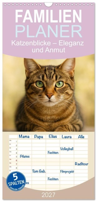 Familienplaner 2027 - Katzenblicke - Eleganz und Anmut mit 5 Spalten (Wandkalender, 21 x 45 cm) CALVENDO - Rose El Rose