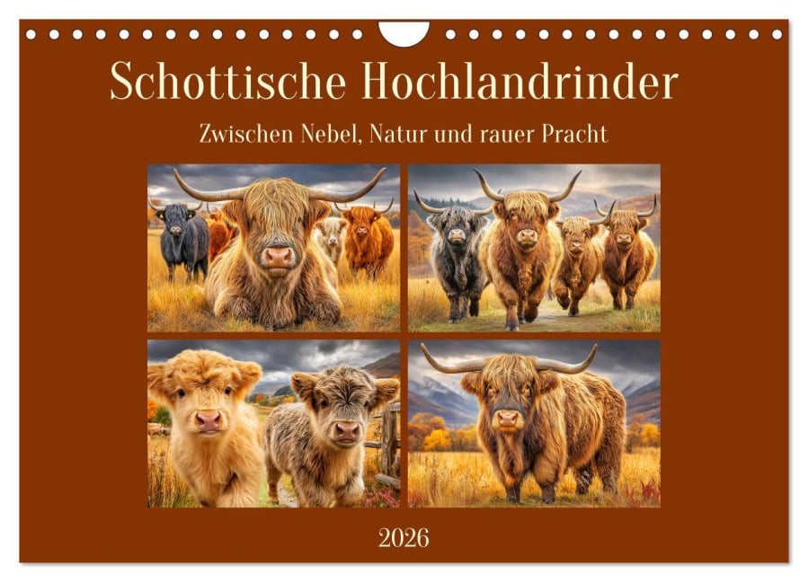 Schottische Hochlandrinder. Zwischen Nebel, Natur und rauer Pracht (Wandkalender 2026 DIN A4 quer), CALVENDO Monatskalender - Rose Hurley
