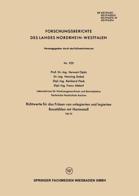 Richtwerte für das Fräsen von unlegierten und legierten Baustählen mit Hartmetall - Herwart Opitz, Franz Altdorf, Reinhard Fleck, Henning Siebel