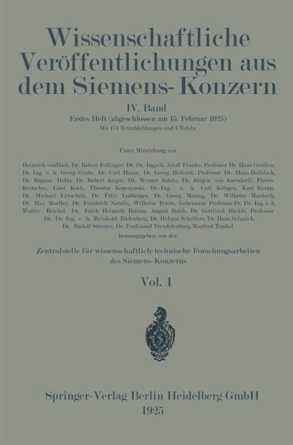 Wissenschaftliche Veröffentlichungen aus dem Siemens-Konzern - Heinrich Von Boul, Robert Jaeger, Werner Jubitz, Jürgen Issendorff, Florus Kertscher