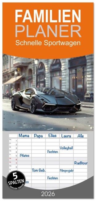 Familienplaner 2026 - Schnelle Sportwagen mit 5 Spalten (Wandkalender, 21 x 45 cm) CALVENDO - Peter R. Stuhlmann