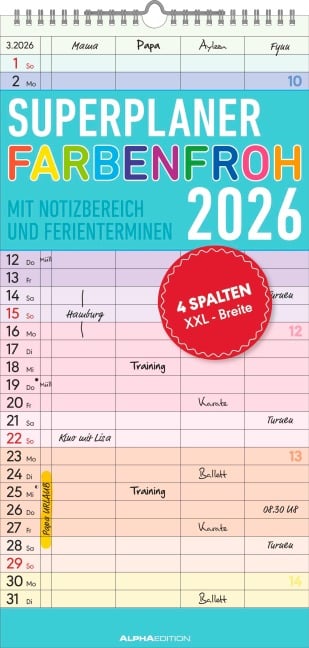 Superplaner Farbenfroh 2026 mit 4 Spalten - Familien-Timer 22x45 cm - Offset-Papier - mit Ferienterminen - Wand-Planer - Familienkalender - Alpha Edition - 