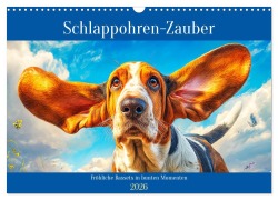 Cover-Bild zum Titel 'Schlappohren-Zauber. Fröhliche Bassets in bunten Momenten (Wandkalender 2026 DIN A3 quer), CALVENDO Monatskalender' von 'Rose Hurley'
