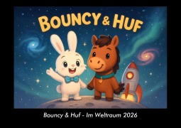 Cover-Bild zum Titel 'Bouncy & Huf - Im Weltraum 2026 Fotokalender DIN A3' von 'Kevin Heber, Tobias Schmitt'