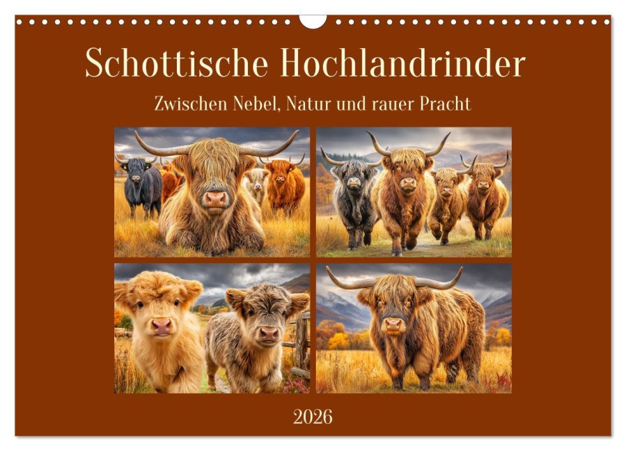 Schottische Hochlandrinder. Zwischen Nebel, Natur und rauer Pracht (Wandkalender 2026 DIN A3 quer), CALVENDO Monatskalender - Rose Hurley
