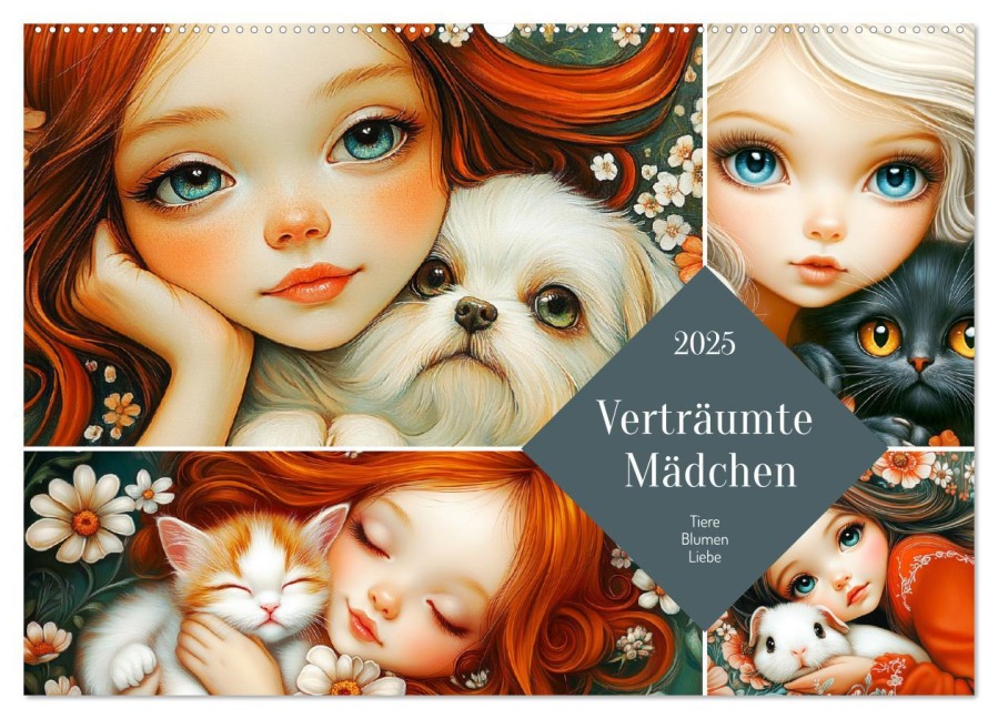 Verträumte Mädchen. Tiere, Blumen, Liebe. (Wandkalender 2025 DIN A2 quer), CALVENDO Monatskalender - Rose Hurley