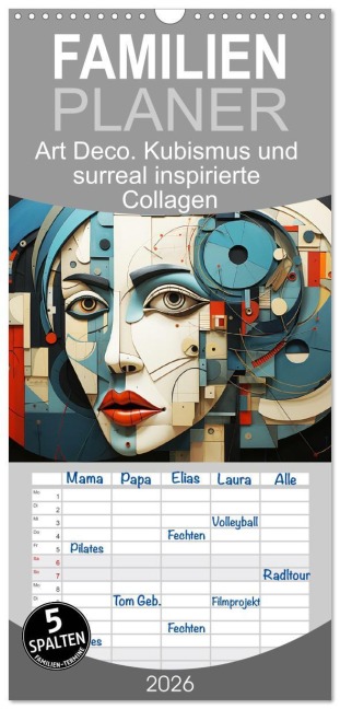 Familienplaner 2026 - Art Deco. Kubismus und surreal inspirierte Collagen mit 5 Spalten (Wandkalender, 21 x 45 cm) CALVENDO - Rose Hurley