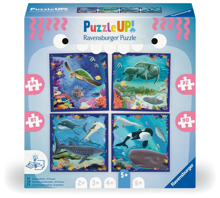 Puzzle UP! Meerestiere von Ravensburger, 12004004 - 4 Puzzles mit 64, 72, 81, 90 Teilen zum Kombinieren und mit extra Wissensheft, für Kinder im Alter von 5 Jahren - 